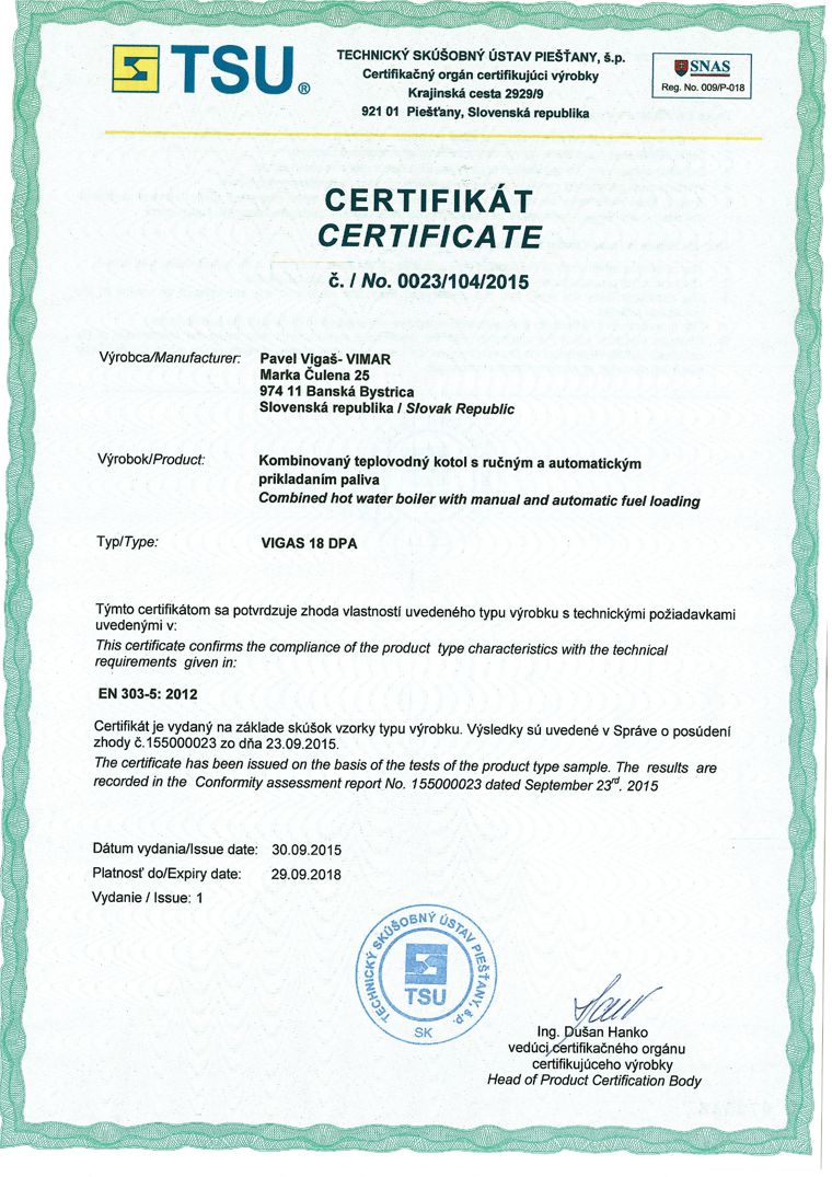 Centrala termica combi pe lemn cu gazeificare si pe peleti VIGAS 18 DPA 24/18 kW certificat EN303-5:2012